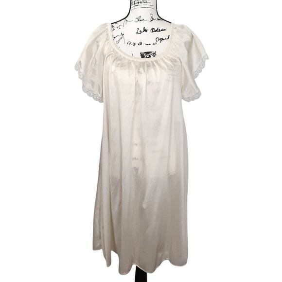Vintage 80s Satin Lace Slip Dress Nightgown Cream Sleep Dress Scoop Neck Nightie - Picture 2 of 11